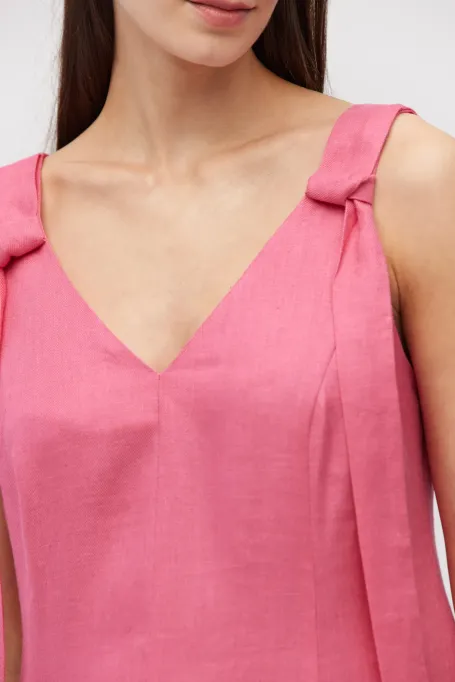 Długa różowa sukienka z lnu na ramiączkach