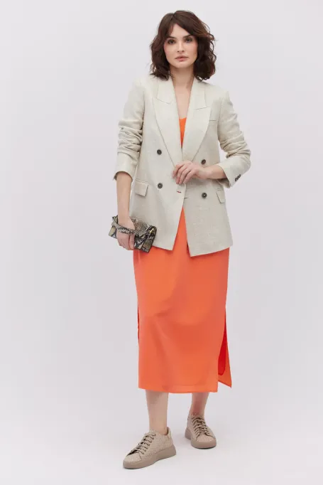 Jedwabna koralowa sukienka midi na ramiączkach - Patrizia Aryton