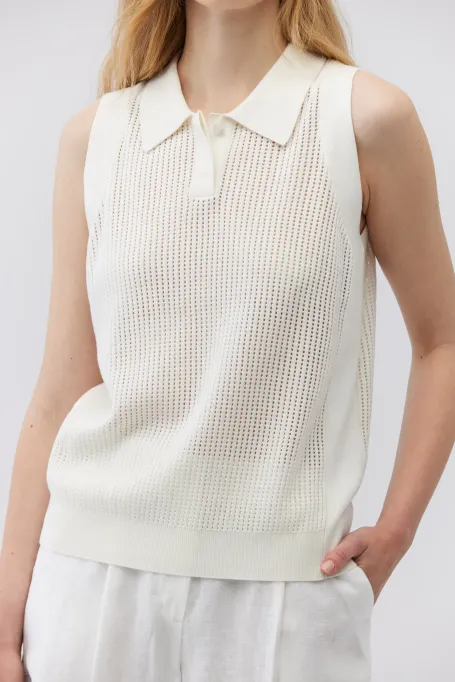 Biała bawełniana bluzka polo bez rękawów damska - Patrizia Aryton