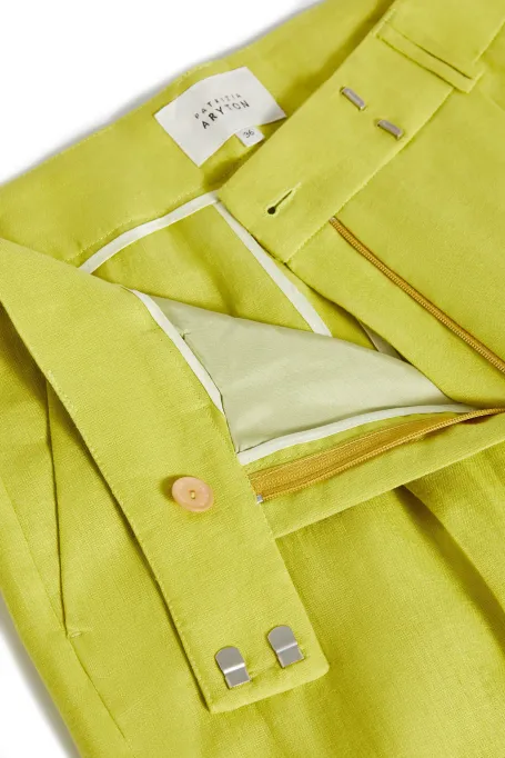 Szerokie limonkowe spodnie z lnu damskie - Patrizia Aryton Szerokie limonkowe spodnie z lnu damskie - Patrizia Aryton