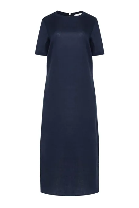 Granatowa lniana sukienka z krótkim rękawem