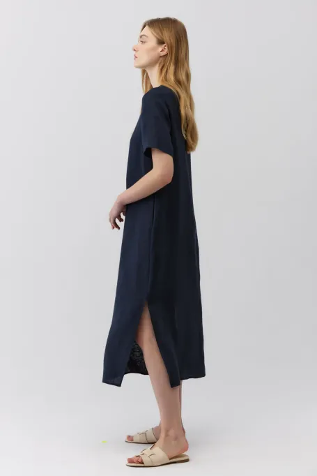 Granatowa lniana sukienka z krótkim rękawem