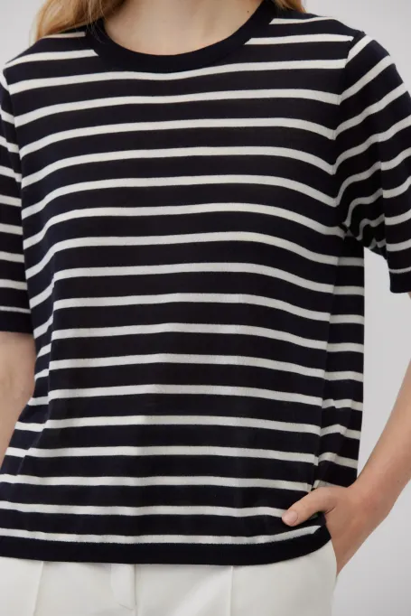 T-shirt w paski z lyocellu i kaszmiru granatowy