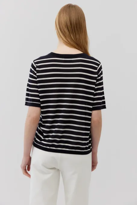 T-shirt w paski z lyocellu i kaszmiru granatowy