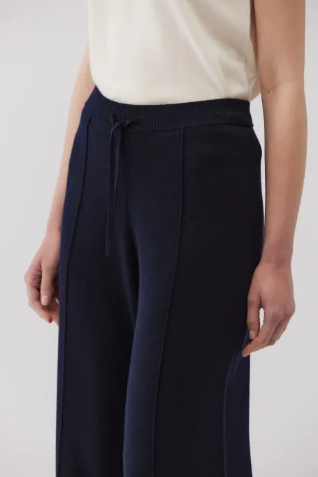Spodnie z wełny merynosowej z szeroką nogawką granatowy