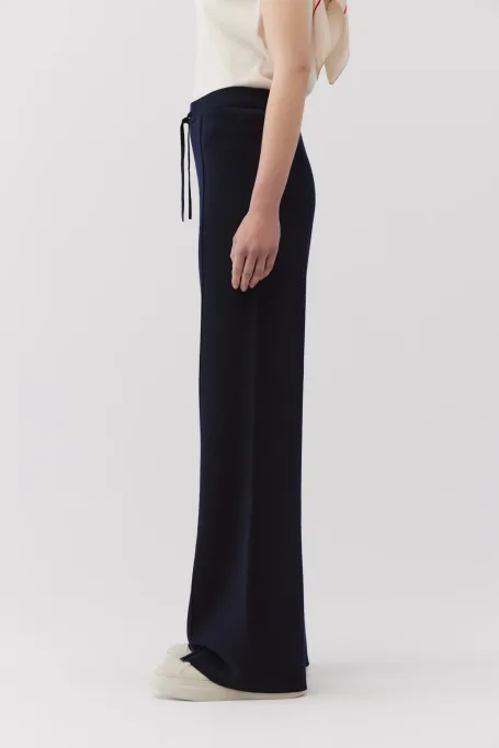 Spodnie z wełny merynosowej z szeroką nogawką granatowy