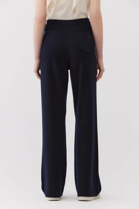 Spodnie z wełny merynosowej z szeroką nogawką granatowy