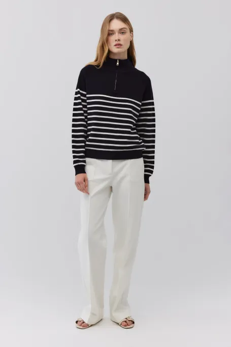 Sweter w paski z wełny merynosowej granatowy