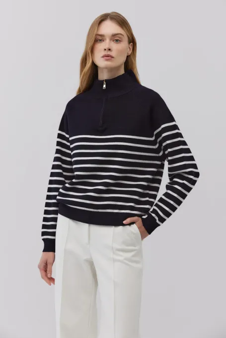 Sweter w paski z wełny merynosowej granatowy