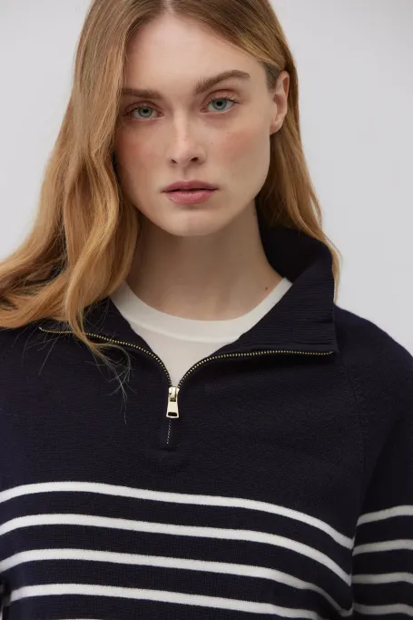 Sweter w paski z wełny merynosowej granatowy