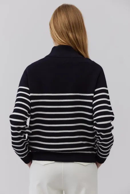 Sweter w paski z wełny merynosowej granatowy