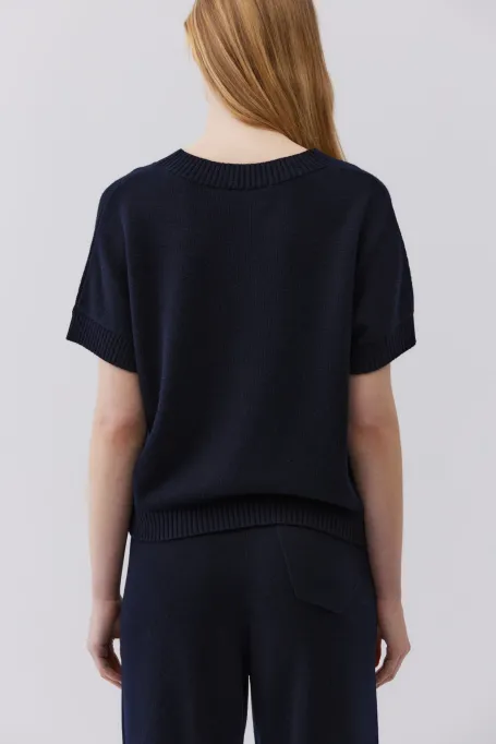 Bluzka z wełny merynosowej z dekoltem V granatowy