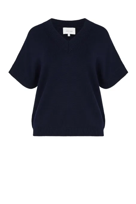 Bluzka z wełny merynosowej z dekoltem V granatowy