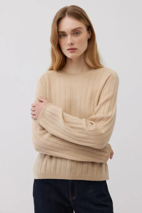 Beżowa bluzka z kaszmirem w prążek