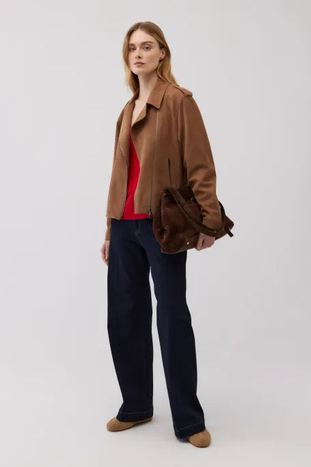 Camelowa kurtka ze skóry zamszowej