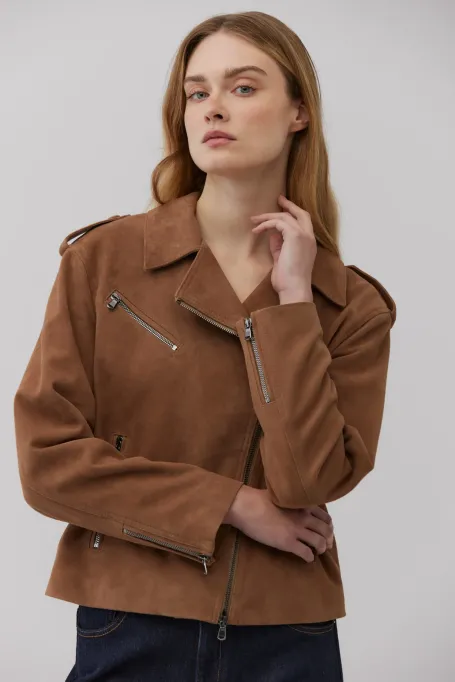 Camelowa kurtka ze skóry zamszowej