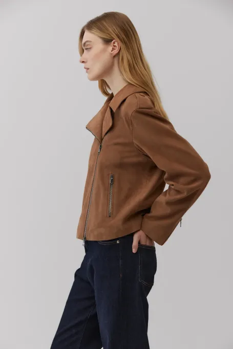 Camelowa kurtka ze skóry zamszowej