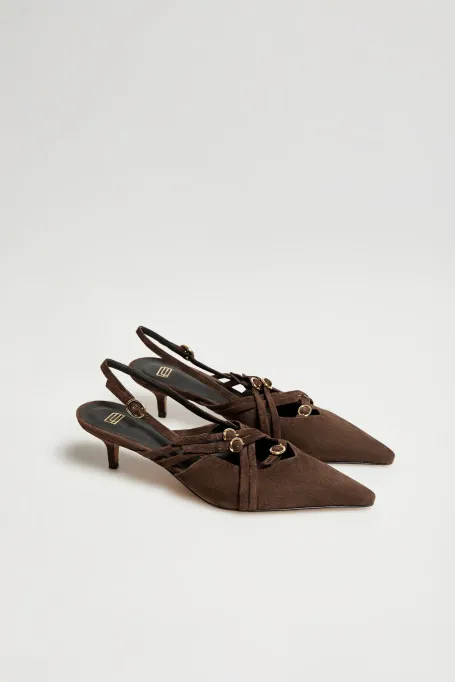 Czekoladowe buty slingback z zamszowej skóry