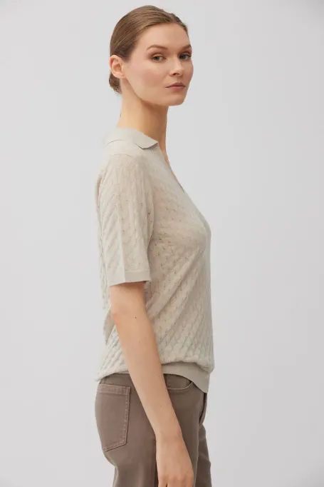 Beżowa bluzka polo z wełny merynosowej