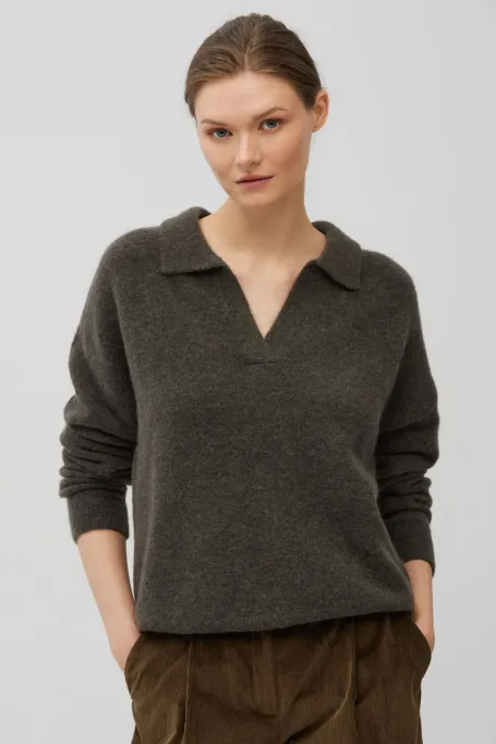 Brązowy sweter polo z wełną alpaki damski - Patrizia Aryton
