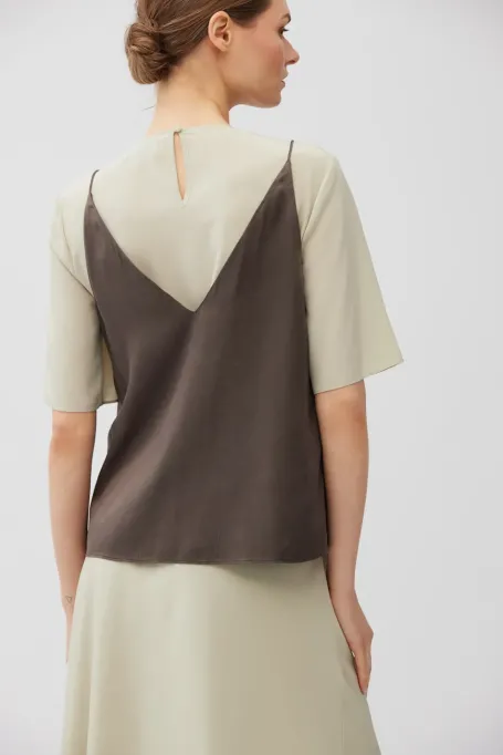 Brązowy top z jedwabiu z dekoltem V damski - Patrizia Aryton
