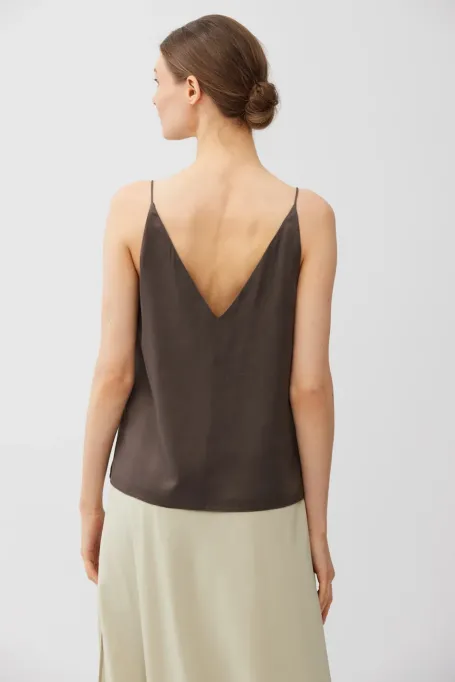 Brązowy top z jedwabiu z dekoltem V damski - Patrizia Aryton