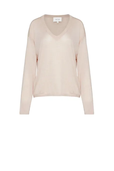 Beżowa bluzka z kaszmirem i dekoltem V damska - Patrizia Aryton