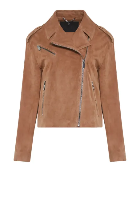 Camelowa kurtka ze skóry zamszowej damska - Patrizia Aryton