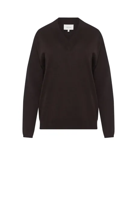 Brązowa bluzka z wełny merynosowej z dekoltem w szpic