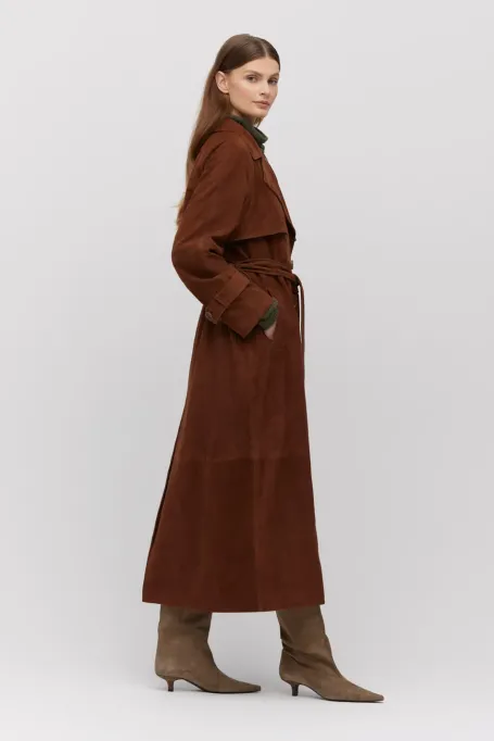 Płaszcz trencz z naturalnej skóry zamszowej brązowy