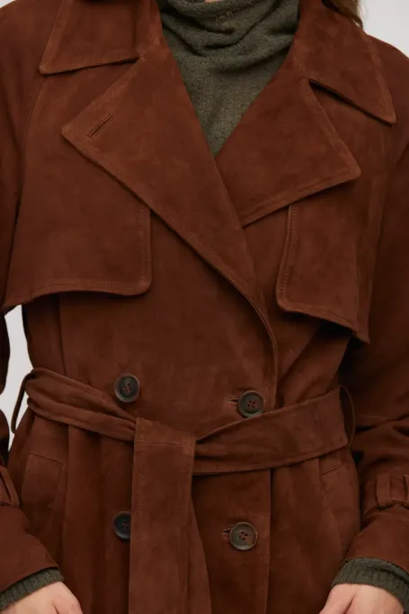 Płaszcz trencz z naturalnej skóry zamszowej brązowy