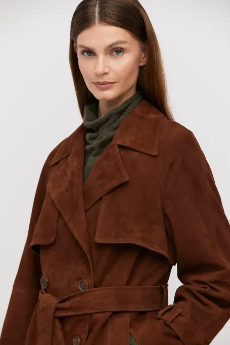 Płaszcz trencz z naturalnej skóry zamszowej brązowy