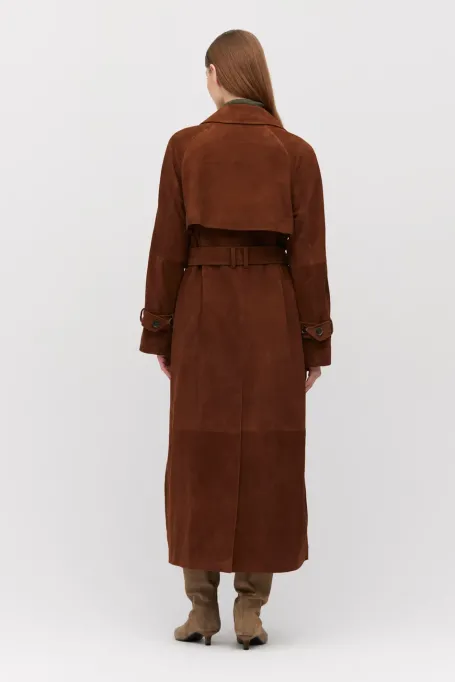 Płaszcz trencz z naturalnej skóry zamszowej brązowy