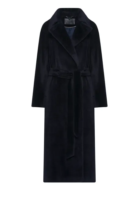 Granatowy płaszcz z paskiem z baby suri alpaką Granatowy płaszcz z paskiem z baby suri alpaką