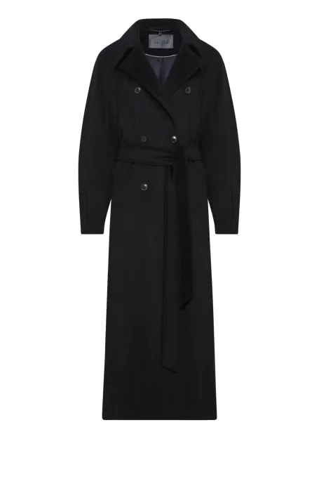 Czarny płaszcz z paskiem z domieszką jedwabiu i kaszmiru