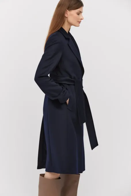 Granatowy wełniany płaszcz z paskiem Granatowy wełniany płaszcz z paskiem