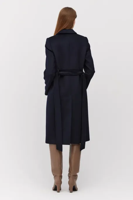 Granatowy wełniany płaszcz z paskiem Granatowy wełniany płaszcz z paskiem