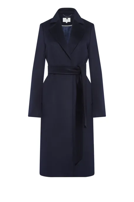 Granatowy wełniany płaszcz z paskiem Granatowy wełniany płaszcz z paskiem