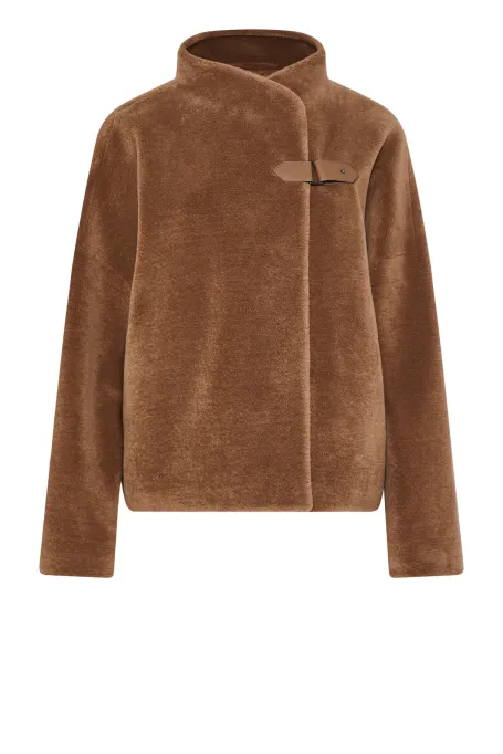 Kurtka z wełny teddy bear ze skórzanym zapięciem brązowy