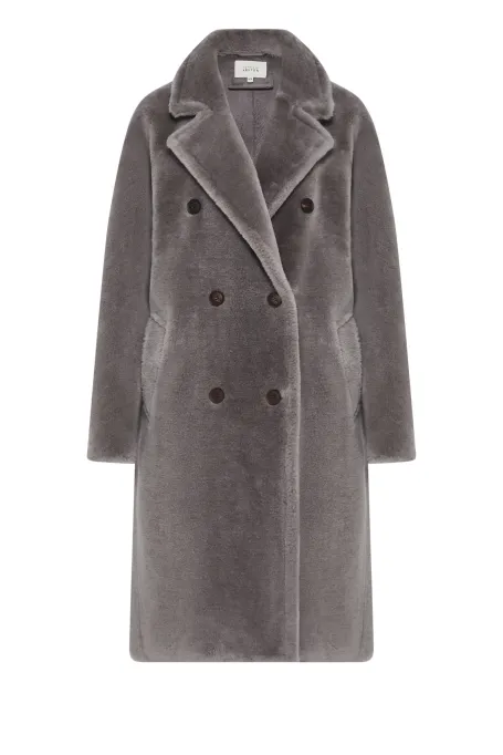 Szary płaszcz midi z wełny teddy