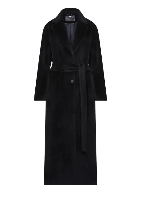 Czarny płaszcz z paskiem z suri alpaką