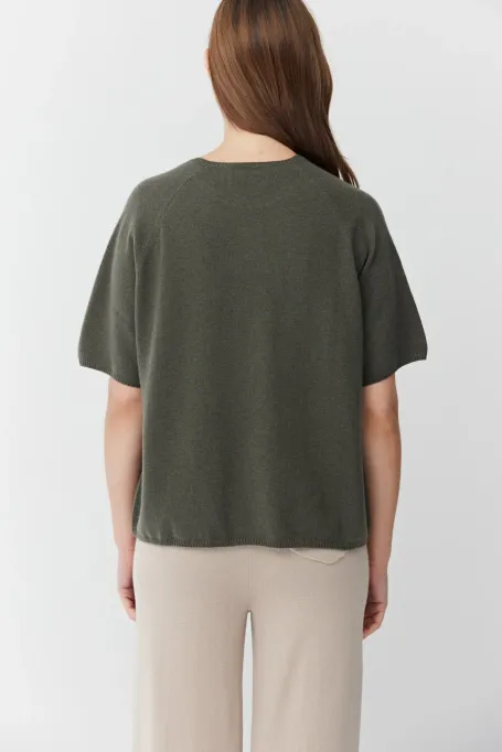 Zielona bluzka z krótkim rękawem z wełny merynosowej i kaszmiru damska - Patrizia Aryton