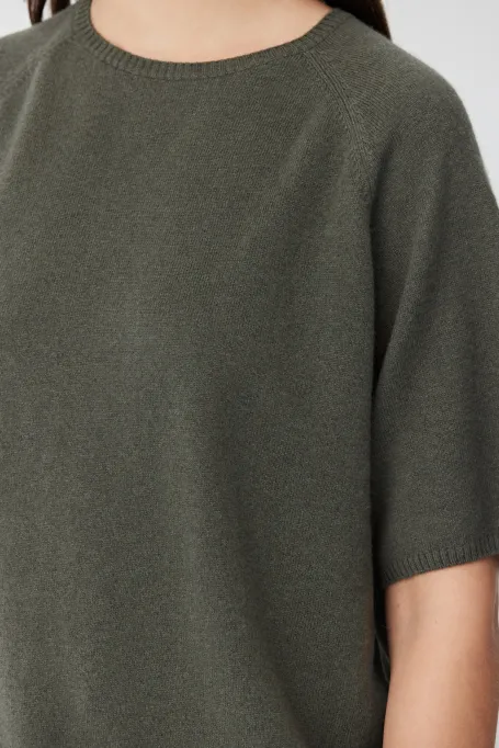 Zielona bluzka z krótkim rękawem z wełny merynosowej i kaszmiru damska - Patrizia Aryton