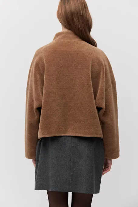 Kurtka z wełny teddy bear ze skórzanym zapięciem brązowy