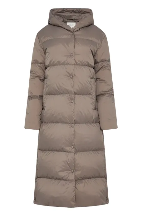 Długa kurta puchowa z kapturem beż