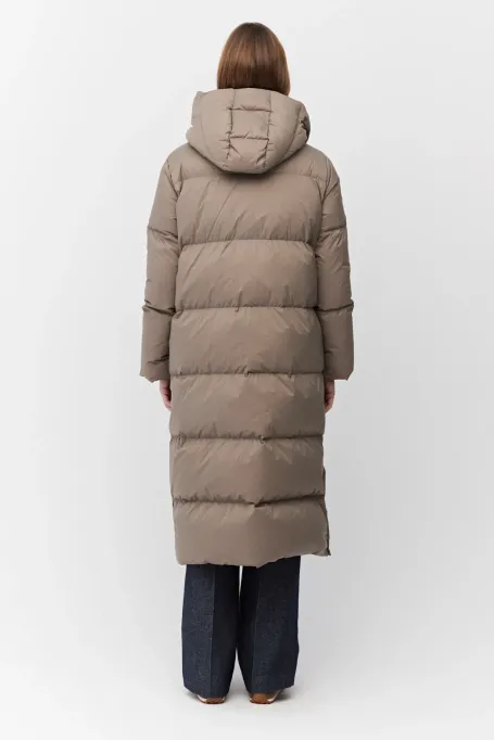 Długa kurta puchowa z kapturem beż