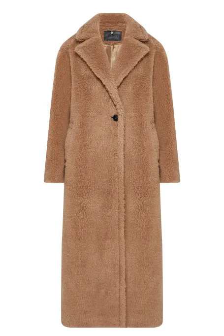 Camelowy płaszcz teddy bear z wełną wielbłądzią i jedwabiem