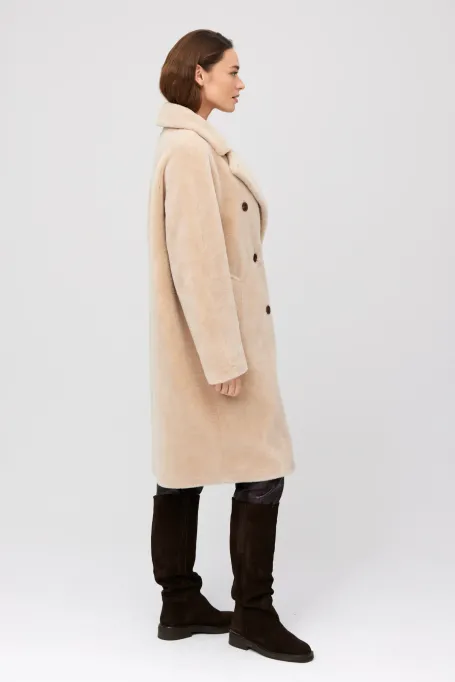 Beżowy płaszcz midi z wełny teddy bear damski - Patrizia Aryton