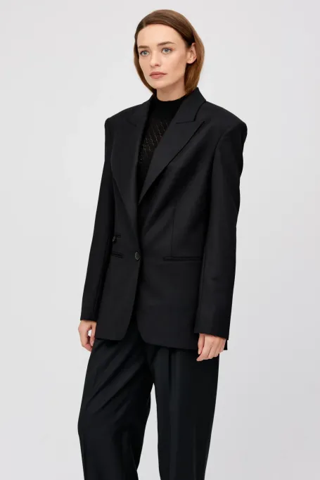 Wełniany żakiet z szerokimi ramionami do garnituru czarny