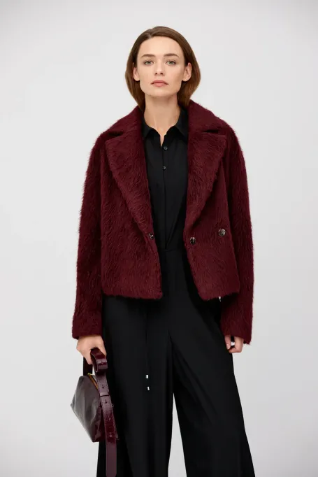 Wiśniowa kurtka z alpaką zapinana na napy damska - Patrizia Aryton